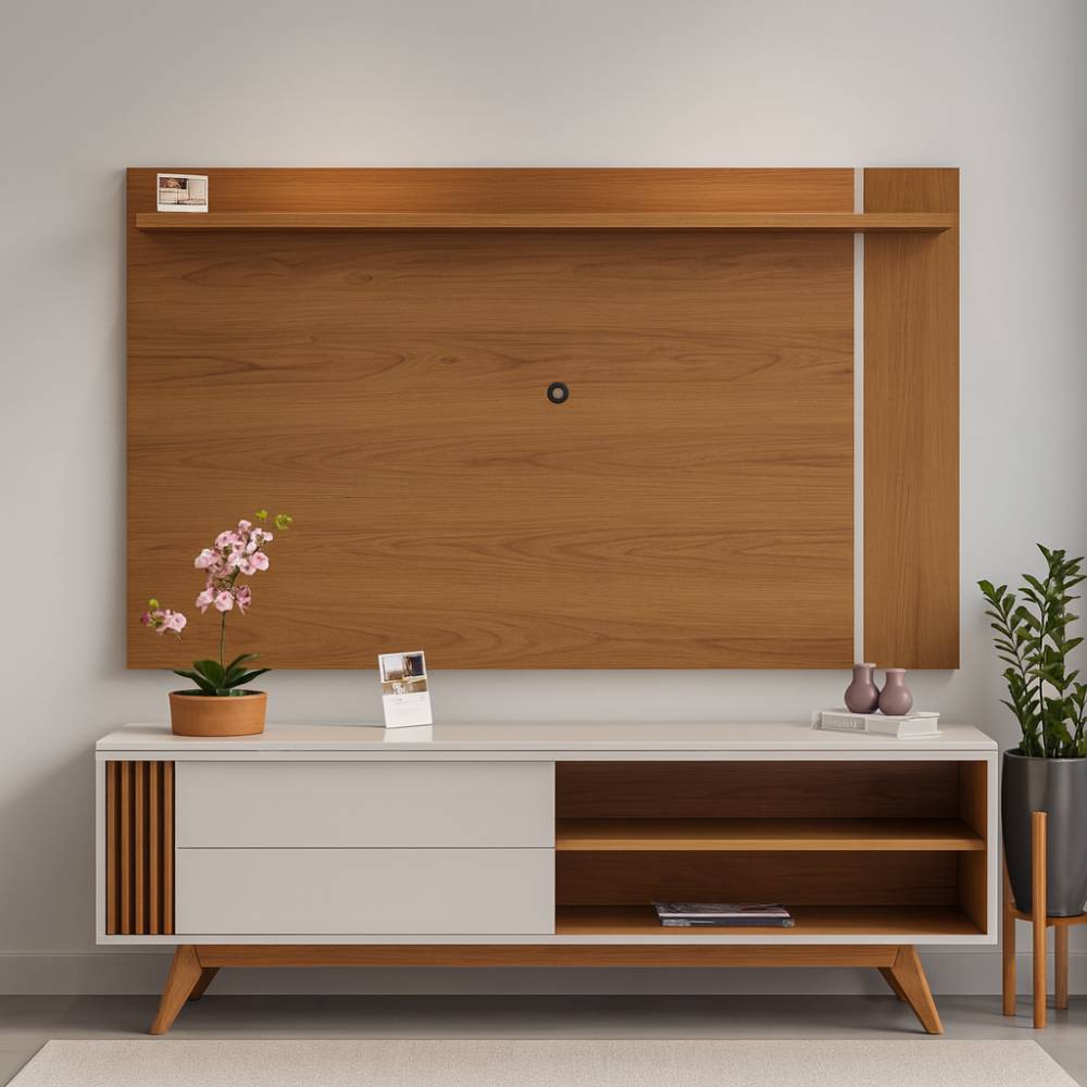  Rack Bancada Otawa c/ Painel Leme para Tvs até 65" - Off White Matte / Freijó