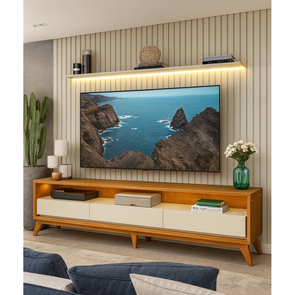 Painel Nobre Ripado 230 cm com Rack Requinte pés Palito - Off White/Naturalle 