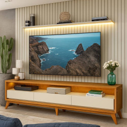 Painel Nobre Ripado 230 cm com Rack Requinte pés Palito - Off White/Naturalle  Painel Nobre Ripado 230 cm com Rack Requinte pés Palito - Off White/Naturalle