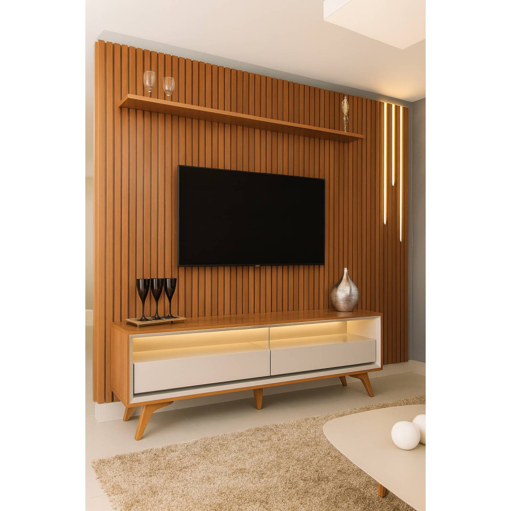 Rack Viena com Painel Ripado Lyon 186 c/ Prateleira e Led - Naturalle / Off White