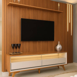 Rack Viena com Painel Ripado Lyon 186 c/ Prateleira e Led - Naturalle / Off White Rack Viena com Painel Ripado Lyon 186 c/ Prateleira e Led - Naturalle / Off White
