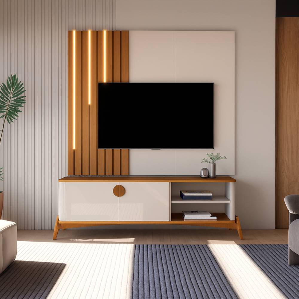 Rack Buriti 1.4 com Painel Boto 1.4 para TVs até 55″  c/ Led -Off White/Nature