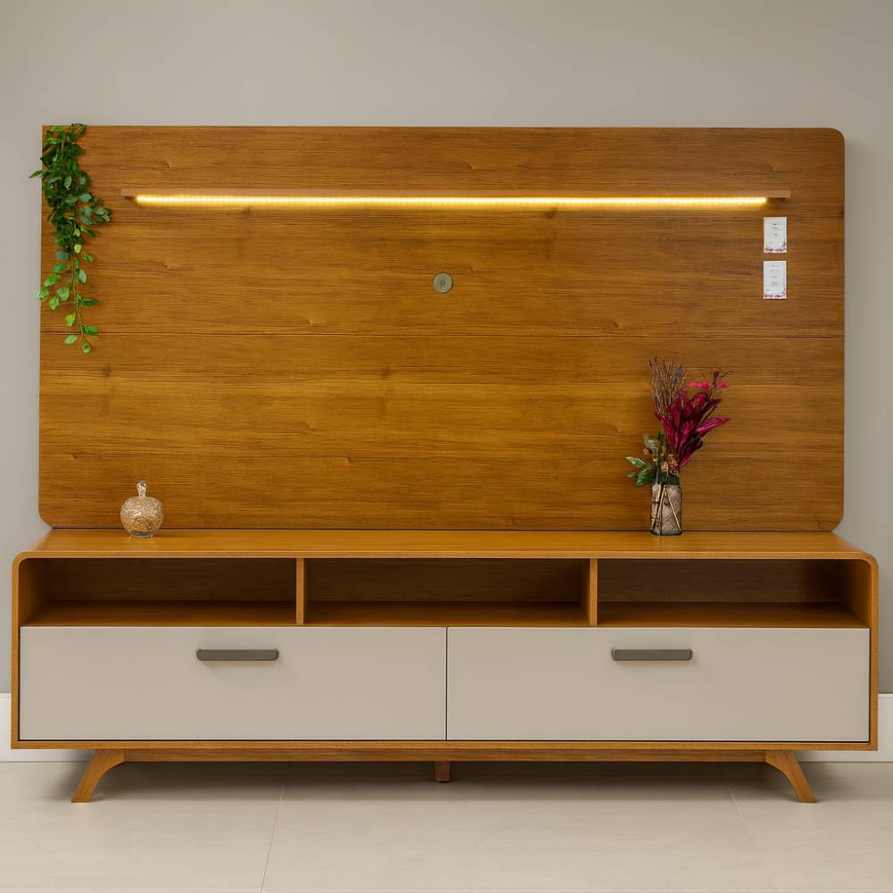 Rack com Painel Cristal para Tvs até 70" e Led - Cinamomo / Off White