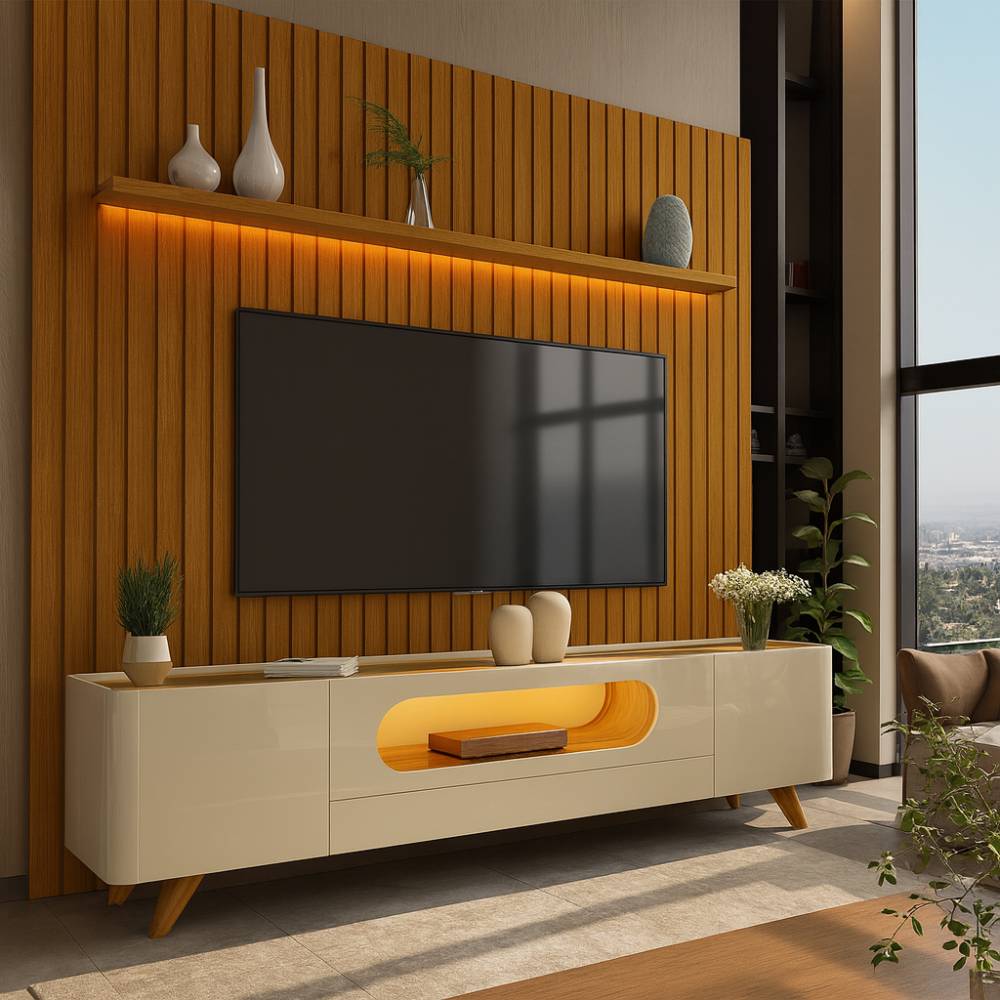 Rack Nobre com Painel Nobre 230 cm para Tvs Até 75" com Led - Naturale /Off White