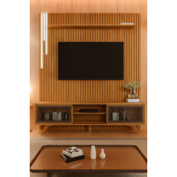 Rack Vitrum c/ Painel Ripado Lyon 227 c/ Led cascata e Prateleira -  Naturalle