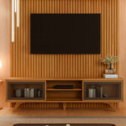Rack Vitrum c/ Painel Ripado Lyon 227 c/ Led cascata e Prateleira -  Naturalle
