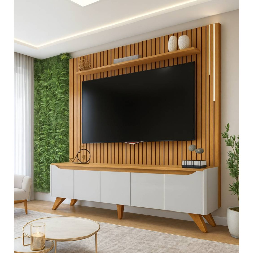 Rack Atenas c/ Painel Ripado Lyon 227 c/ Led cascata e Prateleira - Off White/ Naturalle
