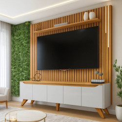 Rack Atenas c/ Painel Ripado Lyon 227 c/ Led cascata e Prateleira - Off White/ Naturalle Rack Atenas c/ Painel Ripado Lyon 227 c/ Led cascata e Prateleira - Off White/ Naturalle