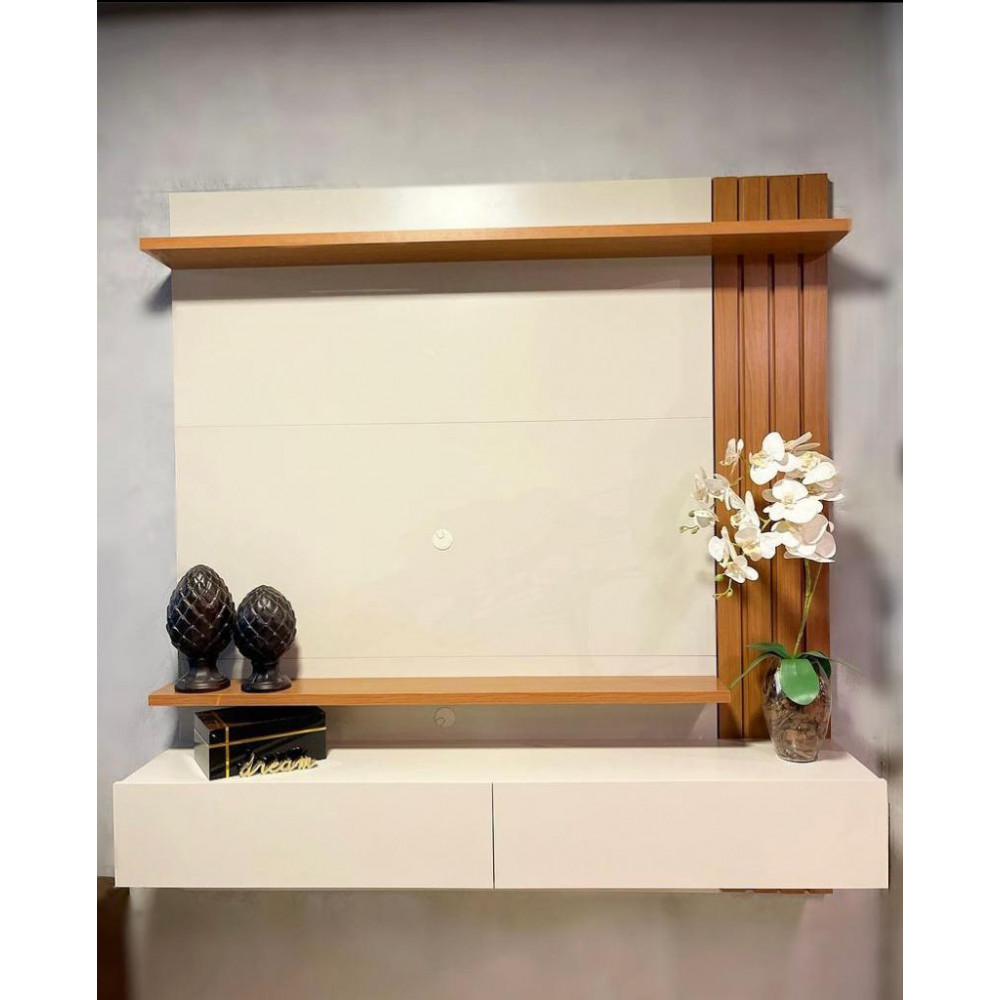 Home Suspenso Juriti 1.5 Ripado para TV até 65" - Off White Matte / Freijó