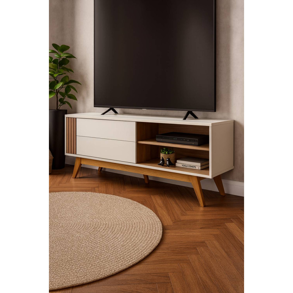 Rack Bancada Otawa para Tvs até 65" - Off White Matte / Freijó