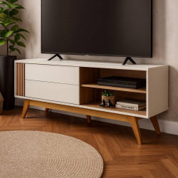 Rack Bancada Otawa para Tvs até 65" - Off White Matte / Freijó
