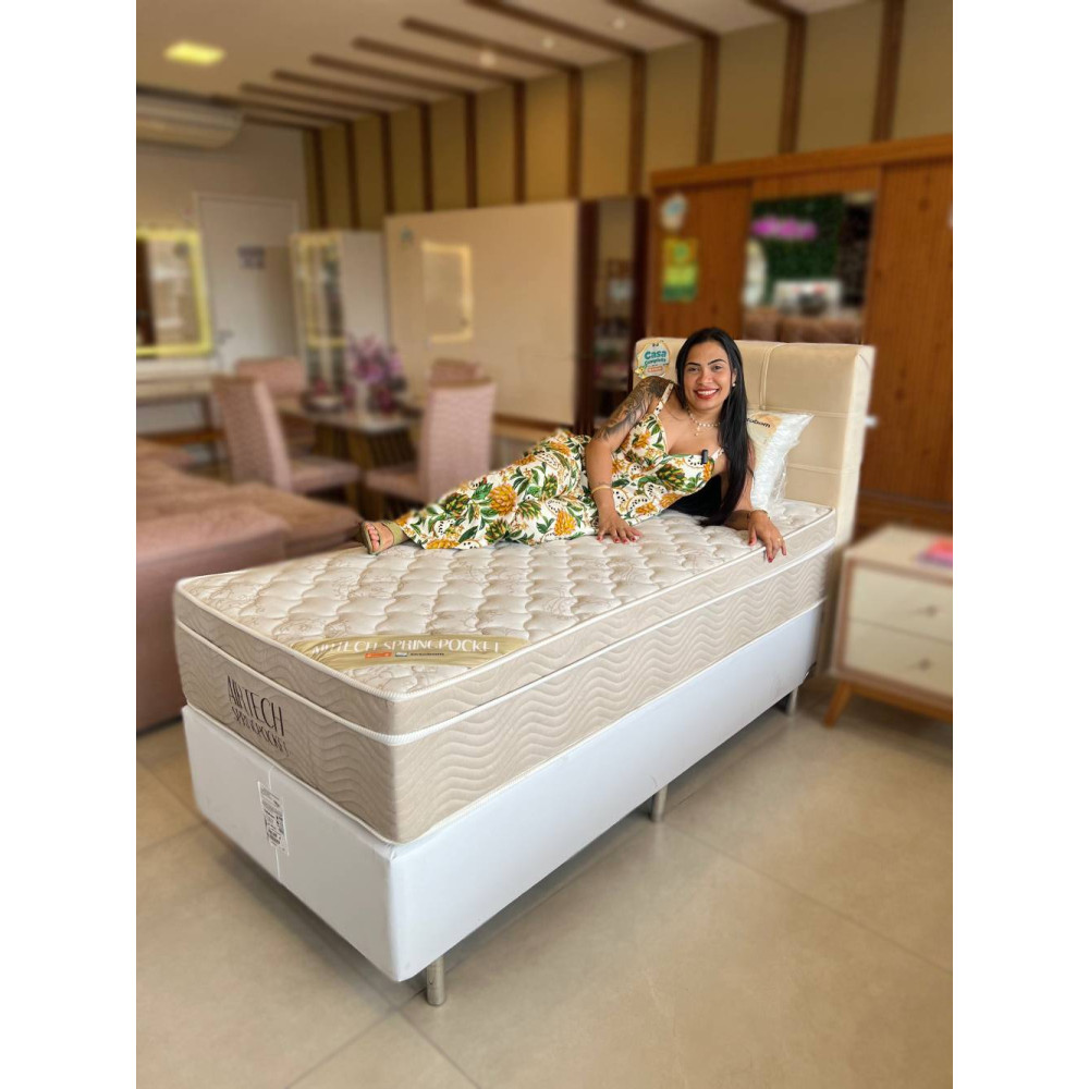Kit - Colchão Ortobom Airtech Spring Pocket Solteiro 88x188x30+Base Solteiro (88x188x23) - Branco+Cabeceira de Cama Box Solteiro – Suede - Bege + 1 Travesseiro Flocos - Ortobom