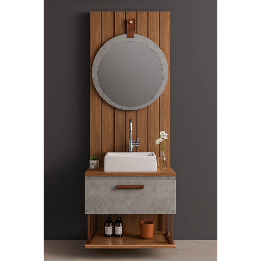 Armário de Banheiro Duna c/ Cuba+ Painel Ripado + Espelheira Lua - Cimento/Freijo 80cm