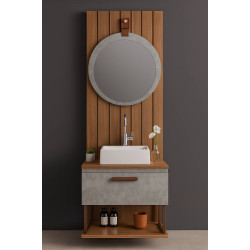 Armário de Banheiro Duna c/ Cuba+ Painel Ripado + Espelheira Lua - Cimento/Freijo 80cm Armário de Banheiro Duna c/ Cuba+ Painel Ripado + Espelheira Lua - Cimento/Freijo 80cm