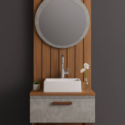 Armário de Banheiro Duna c/ Cuba+ Painel Ripado + Espelheira Lua - Cimento/Freijo 80cm