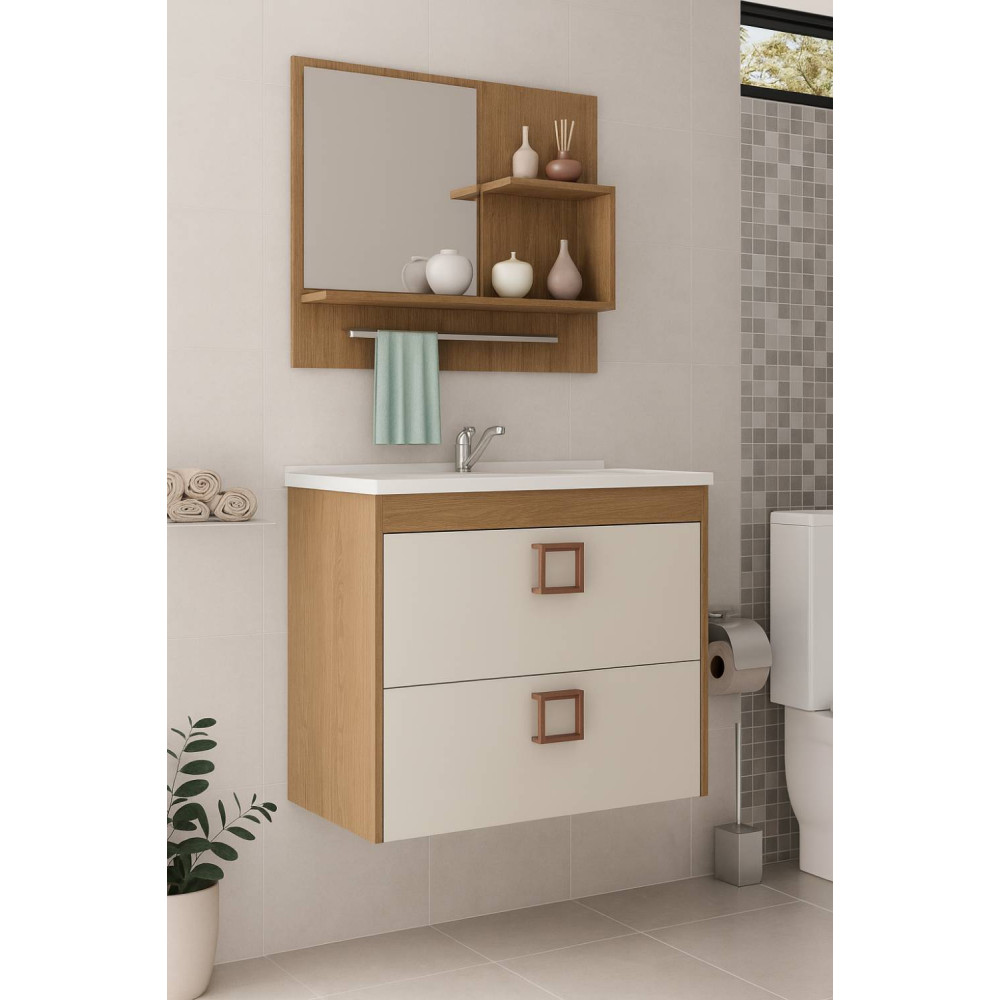 Armário de Banheiro Lirio c/ Espelheira - Amendoa/ Off White 59cm