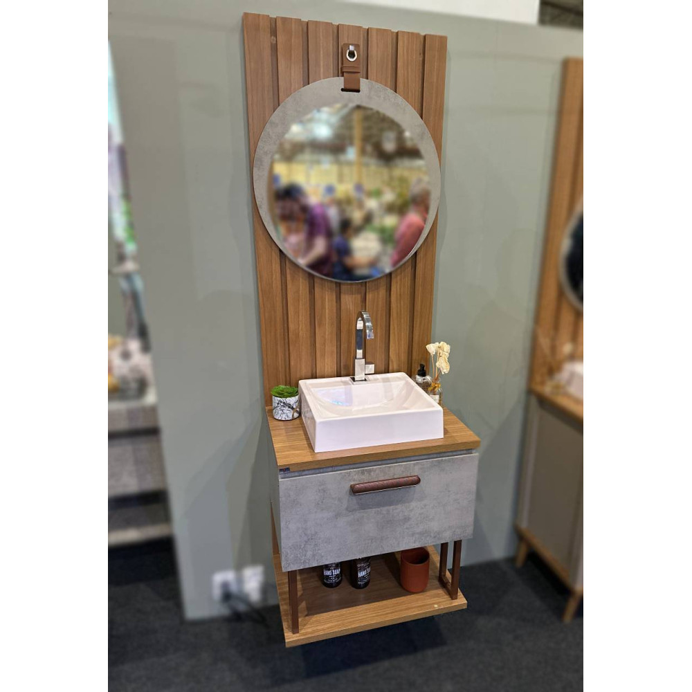 Armário de Banheiro Duna c/ Cuba+ Painel Ripado + Espelheira Lua - Cimento/Freijo 80cm