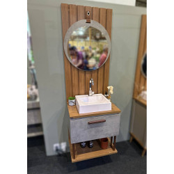 Armário de Banheiro Duna c/ Cuba+ Painel Ripado + Espelheira Lua - Cimento/Freijo 80cm