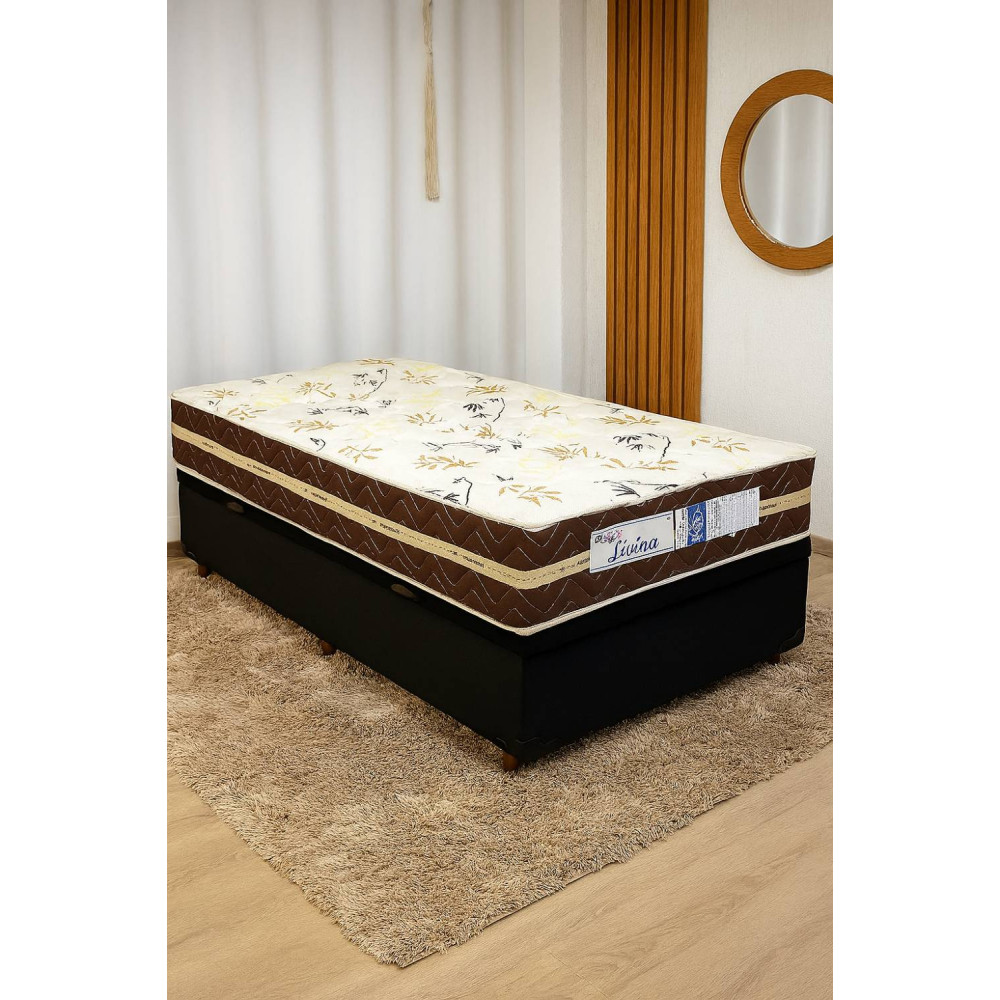 Colchão De Molas Ensacadas Solteiro Livina 30x188x88 c/ Base Baú Courino Solteiro - Preto