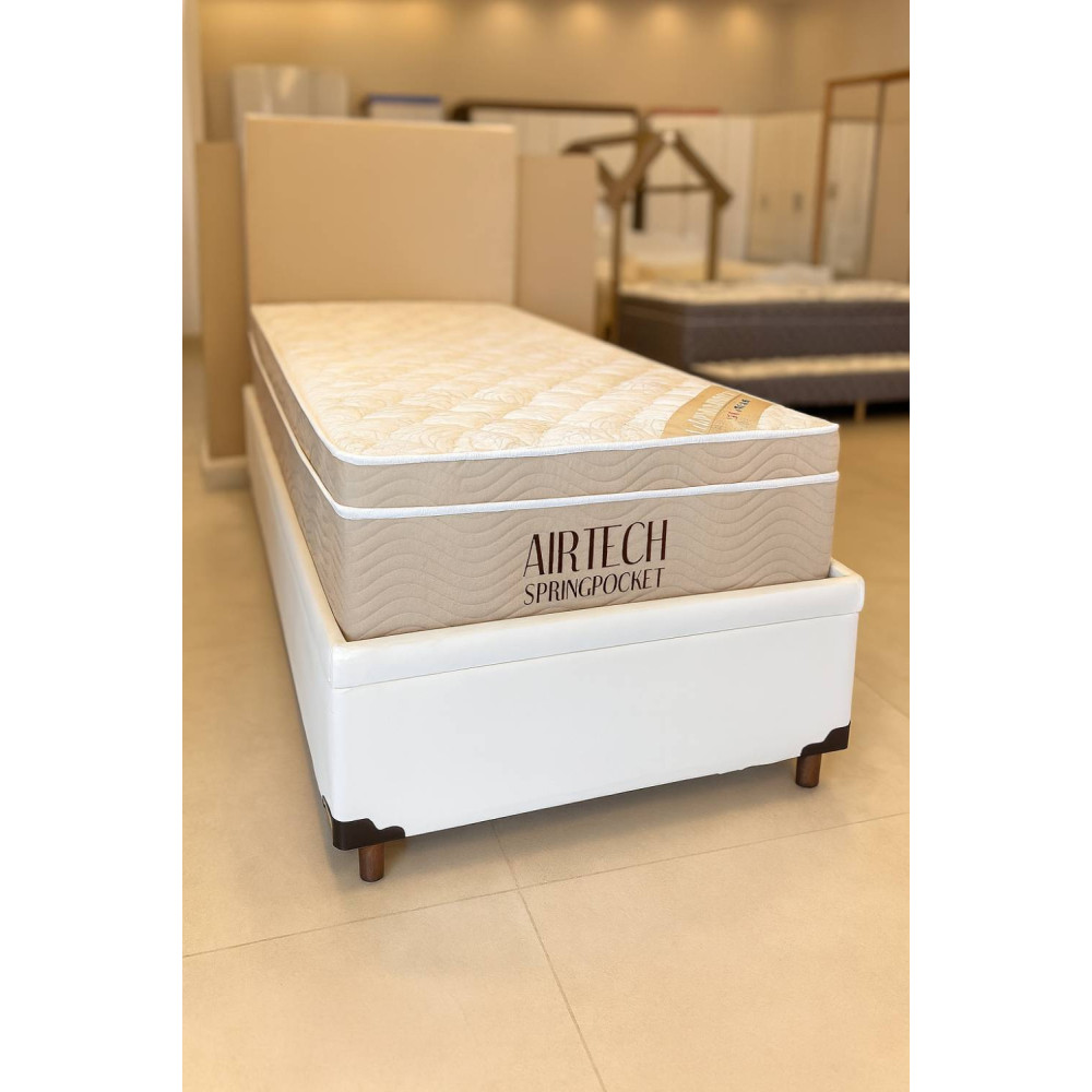 Base Baú Solteiro Courino Branco + Colchão Ortobom c/ Molas Ensacadas Airtech Spring Pocket Solteiro