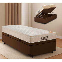 Base Baú Solteiro Courino + Colchão Ortobom c/ Molas Ensacadas Airtech Spring Pocket Solteiro