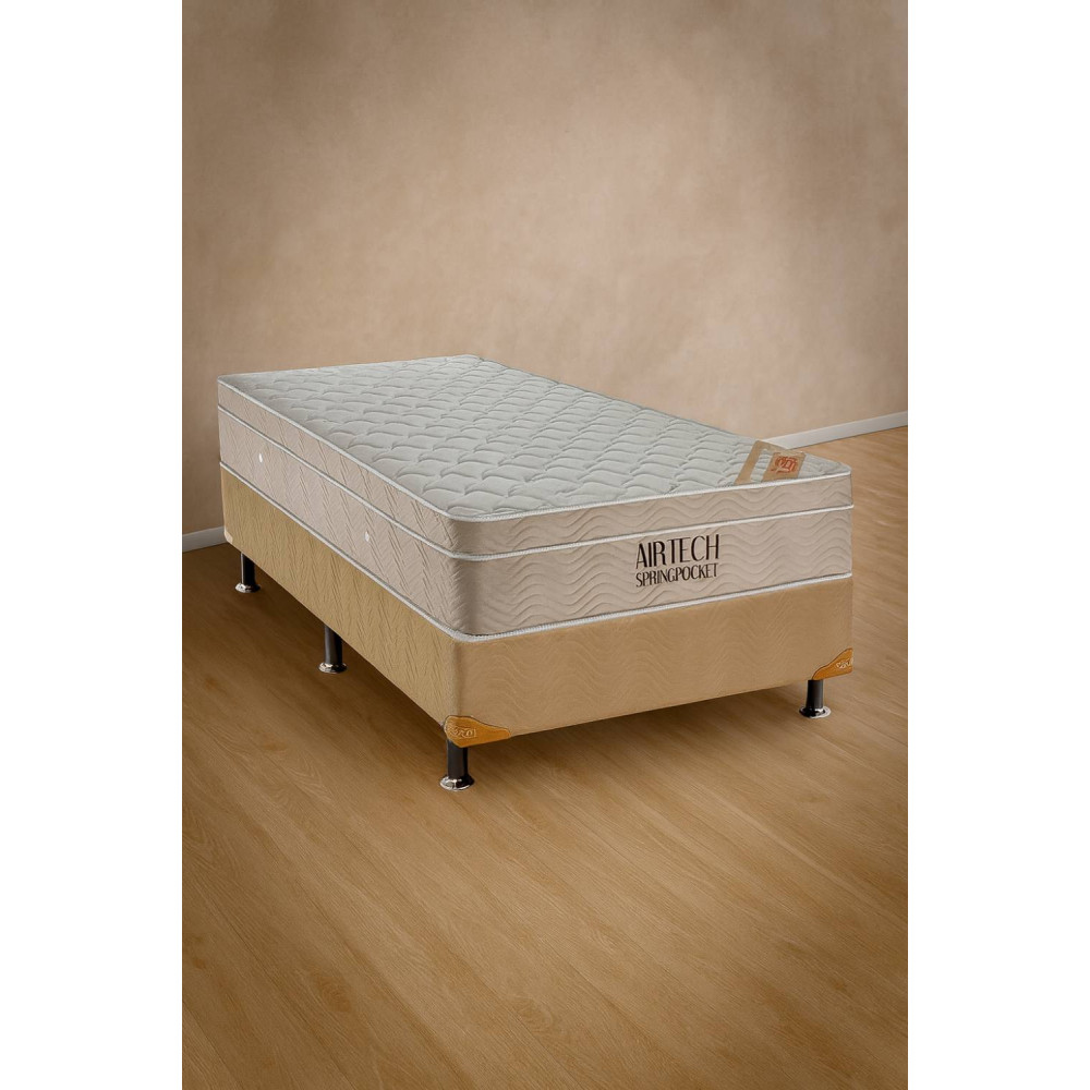 Base Solteiro Courino Bege + Colchão Ortobom c/ Molas Ensacadas Airtech Spring Pocket Solteiro