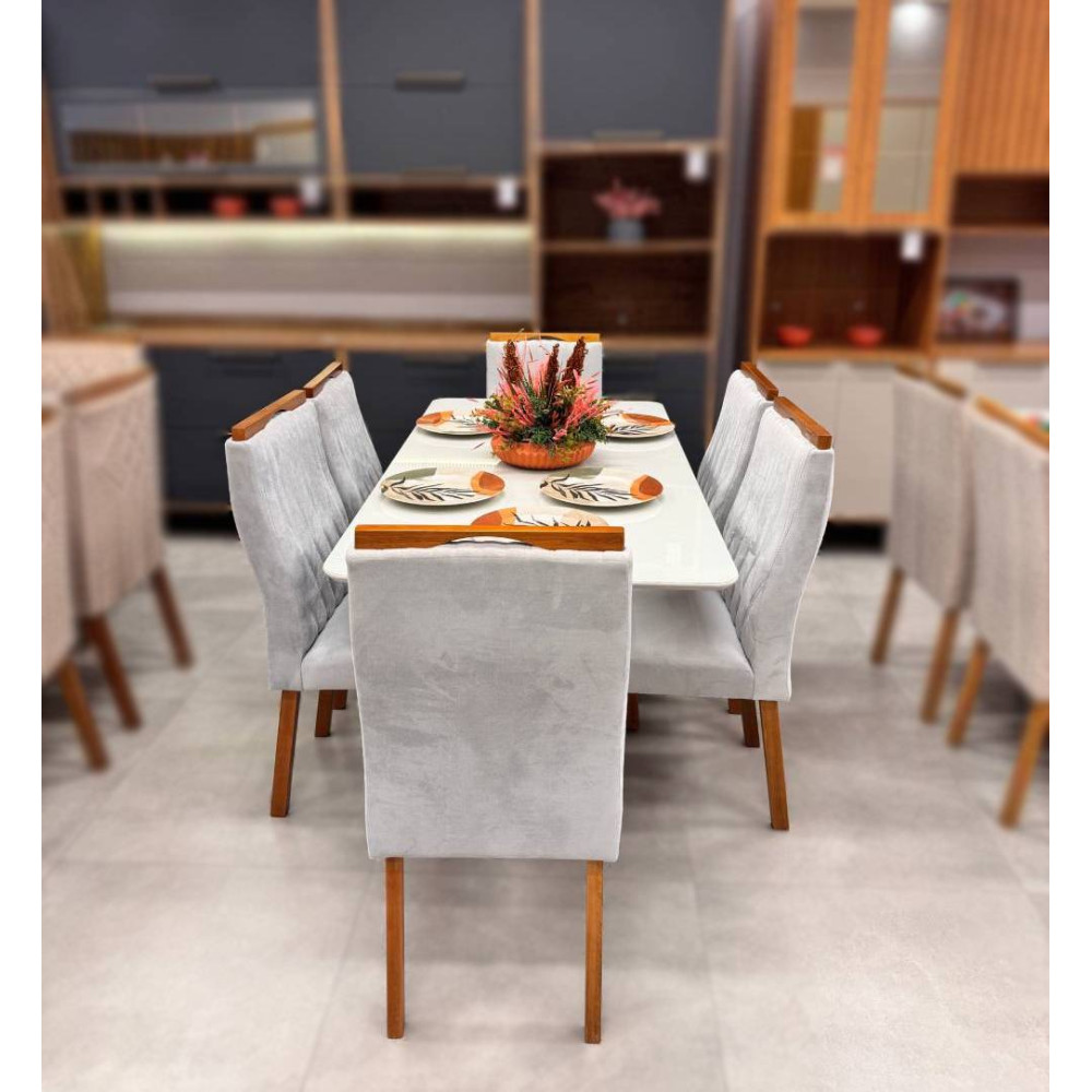 Mesa de Jantar Pedro 160x80 c/ 6 Cadeiras Genova Prata - Mel / Off White