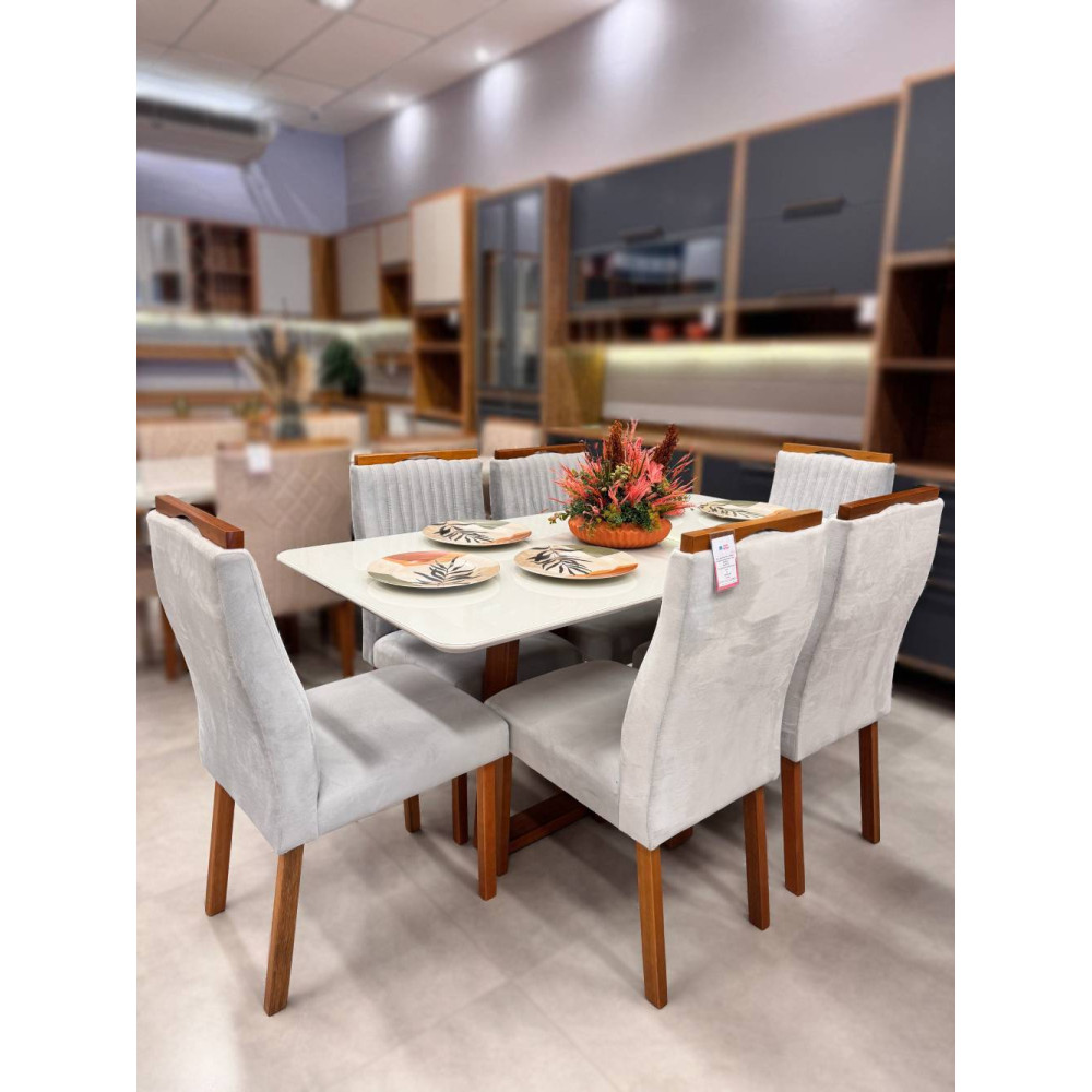 Mesa de Jantar Pedro 160x80 c/ 6 Cadeiras Genova Prata - Mel / Off White