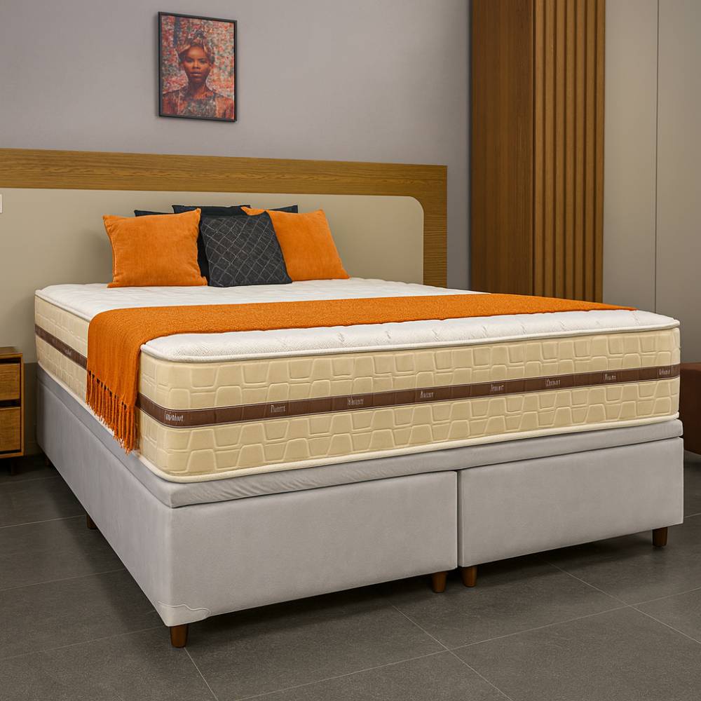 Colchão Royal Queen c/ Molas Ensacadas 32X198X158 - Bege + Base Box QUEEN Bau Bipartido - 158 - Branca