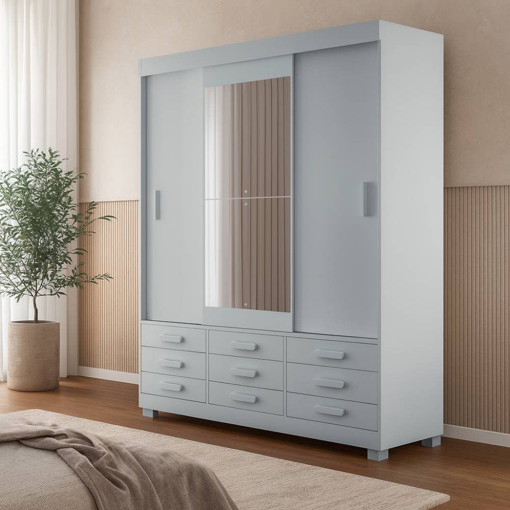 Guarda Roupa Detroit c/ Espelho 3 Portas 9 Gavetas - Branco 
