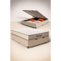 Base Baú Casal Courino - Bege + Colchão Ortobom Robust Dupla Face Casal 138x188x20