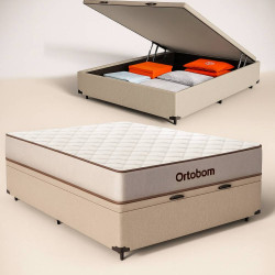 Base Baú Casal Courino - Bege + Colchão Ortobom Robust Dupla Face Casal 138x188x20