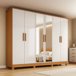 Guarda Roupa Nina Casal c/ Espelho 6 Portas 4 Gavetas - Nature/Off White