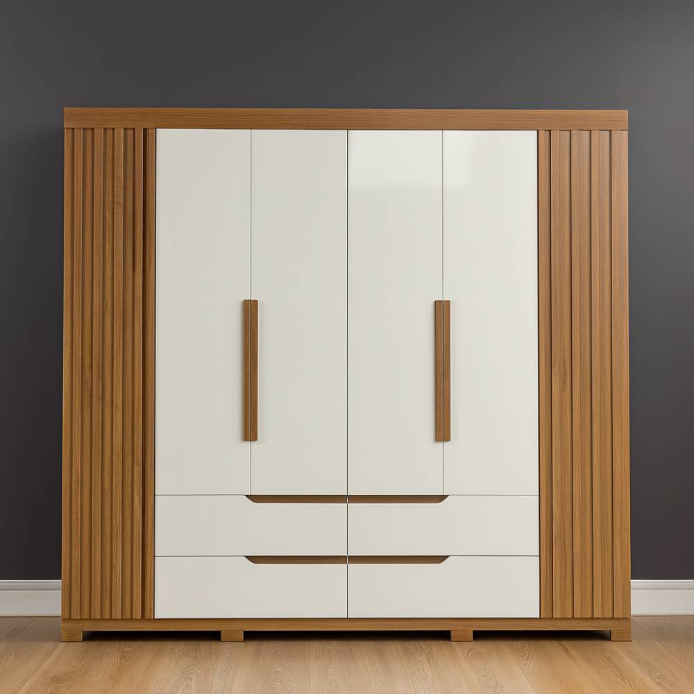 Guarda Roupa Casal Doble Ripado 6 Portas 4 Gavetas - Cinamomo/Off White
