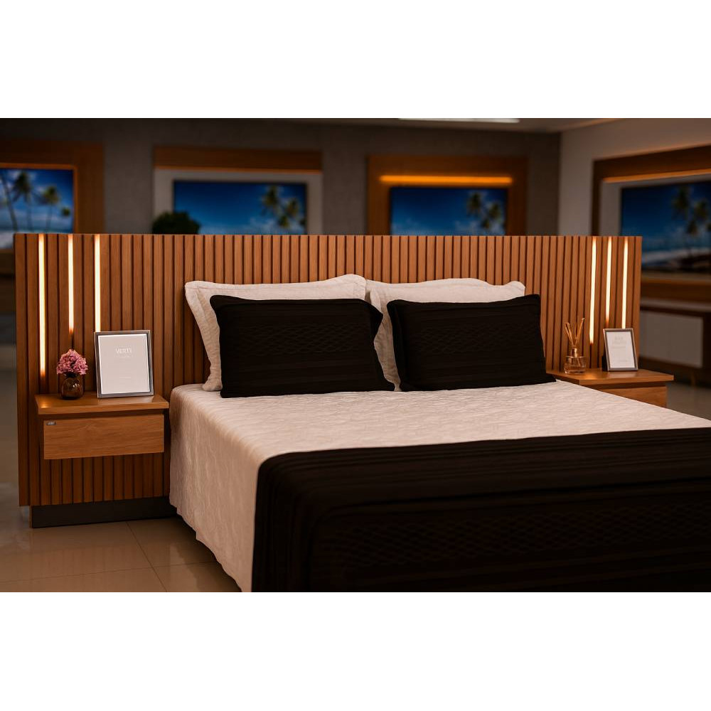 Cabeceira Casal/Queen Ripada Lyon com 2 Mesas de Cabeceiras e Led - Naturalle