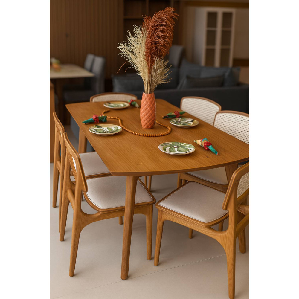 Mesa de Jantar Turquia 1.60cm Tampo Laminado com 6 cadeiras Turquia Premium tela madeira - Linho Bege