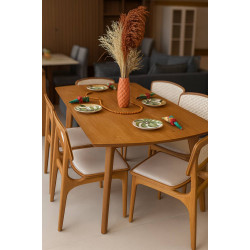 Mesa de Jantar Turquia 1.60cm Tampo Laminado com 6 cadeiras Turquia Premium tela madeira - Linho Bege