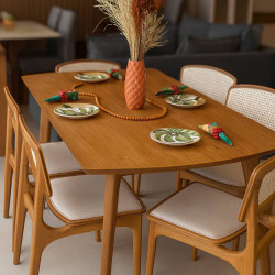 Mesa de Jantar Turquia 1.60cm Tampo Laminado com 6 cadeiras Turquia Premium tela madeira - Linho Bege