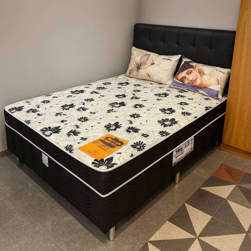 Kit - Cama Box Ortobom casal Union Ortopédica – 1,38 + Cabeceira Casal Clean – Courino - Preto + 2 Travesseiro Flocos - Ortobom