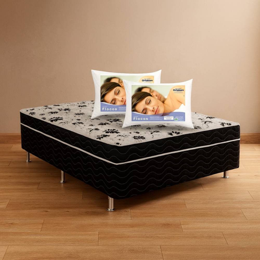 Kit - Cama Box Ortobom casal Union Ortopédica – 1,38 + 2 Travesseiro Flocos - Ortobom