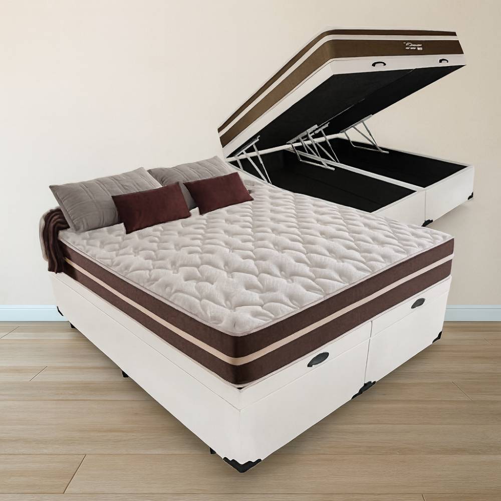 Base Box Casal Bau Bipartido Courino Branco + Colchão De Molas Casal – Anjos – Classic Superlastic 138cm- Marrom