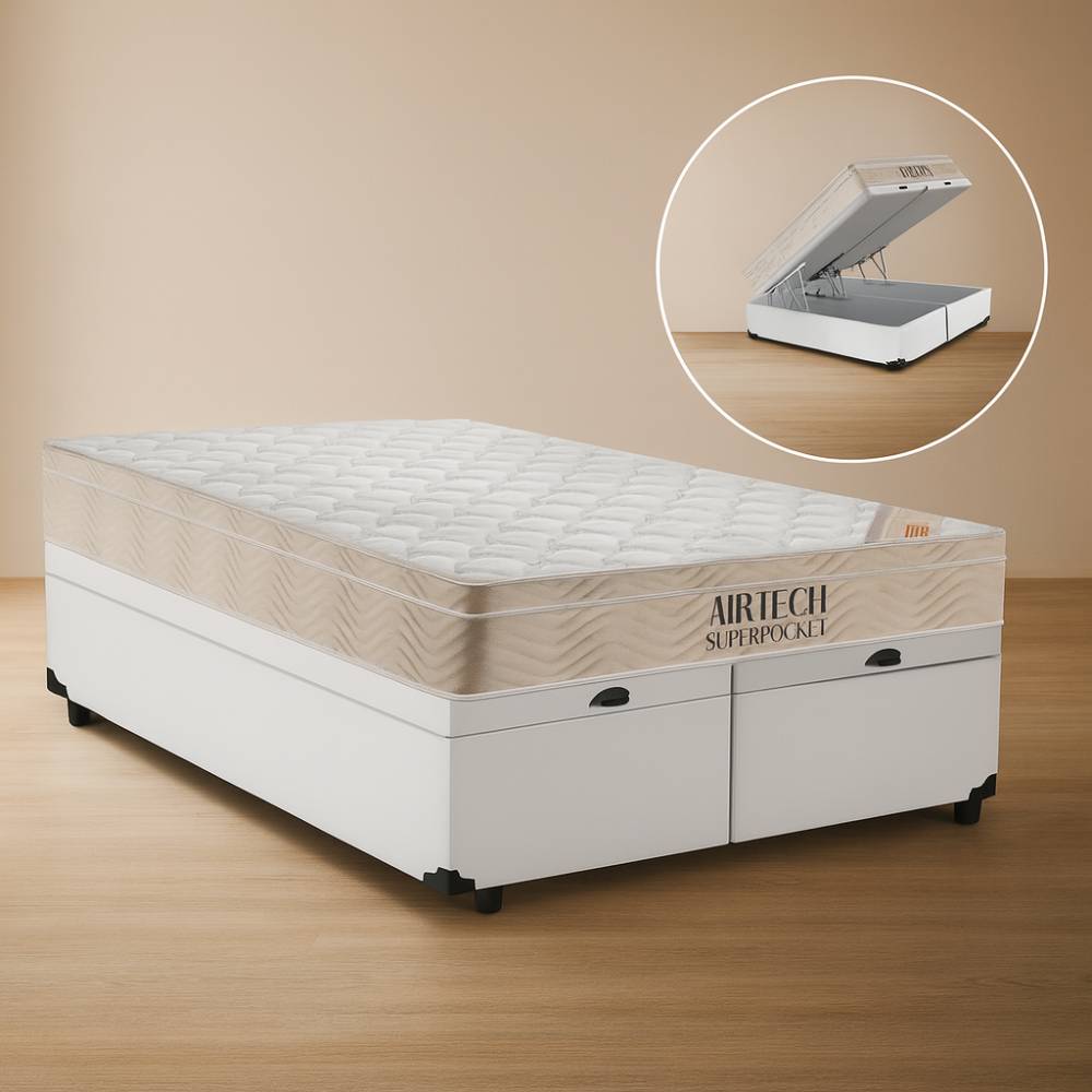 Base Box QUEEN Bau Bipartido - 158 - Branca + Colchão Ortobom Airtech Spring Pocket Queen 30x198x158 Base Box QUEEN Bau Bipartido - 158 - Branca + Colchão Ortobom Airtech Spring Pocket Queen 30x198x158