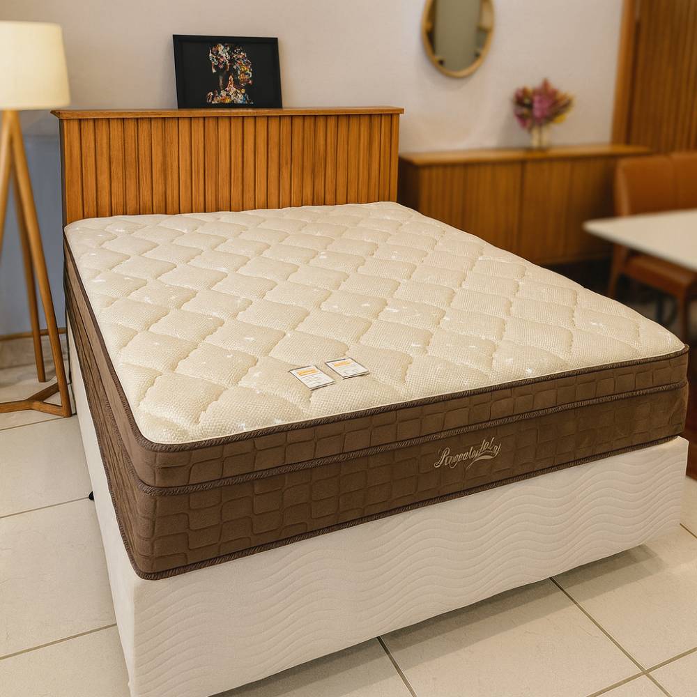 Base Box Casal 138x188x30 Sommier Camurça - Ortobom - Bege + Cabeceira Casal 1,40 Ripado Detroit - Nature + Colchão Star Ortopédico 30x188x138 - Casal - Anjos - Marrom