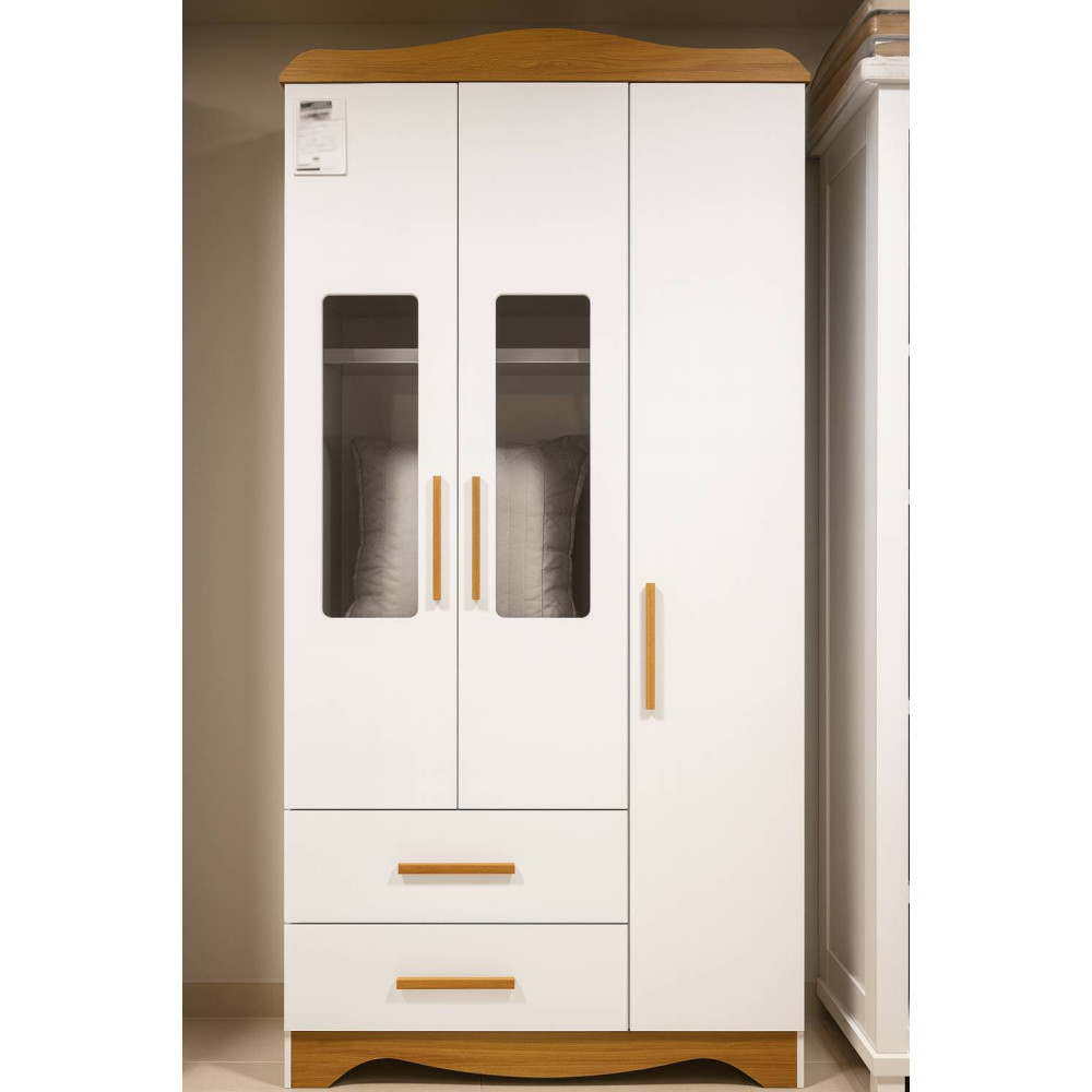 Guarda Roupa Infantil Clara c/ 3 Portas e 2 Gavetas - Móveis Peroba - Branco Brilho / Amêndoa
