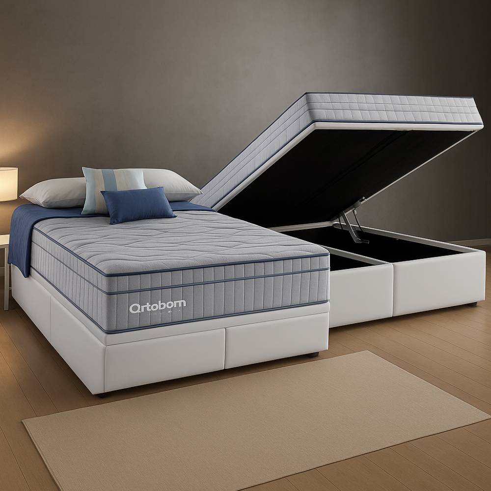 Colchão Ortobom Exclusive Sleep Queen Molas Ensacadas 1,58x1,98x0,32cm c/ Base Box QUEEN Bau Bipartido - 158 - Branca