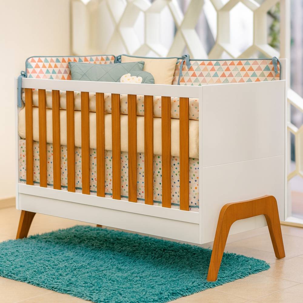 Berço Mini Cama Retrô Guti - Móveis Peroba - Branco Brilho / Amêndoa