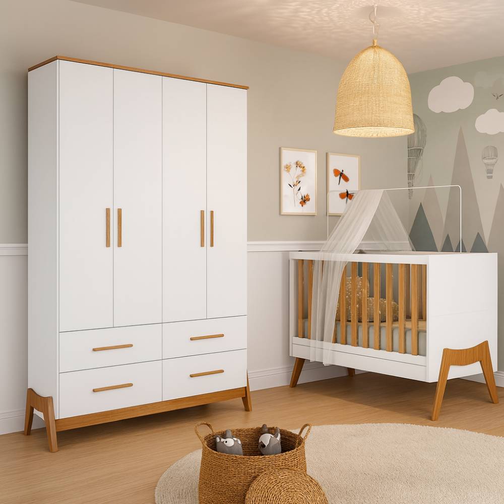 Kit - Guarda Roupa Infantil Guti c/ 4 Portas e 4 Gavetas + Berço Mini Cama Retrô Guti - Móveis Peroba - Branco Brilho / Amêndoa