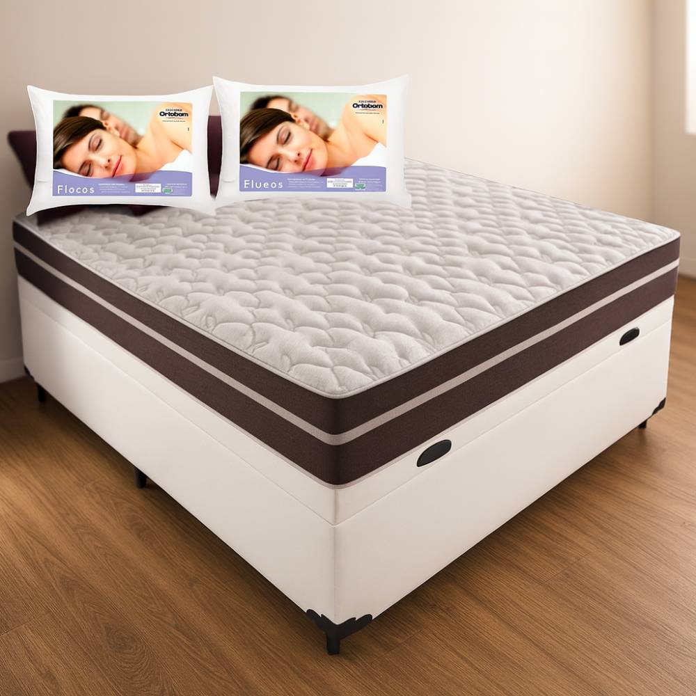 Kit - Cama Box Baú + Colchão Anjos Classic Superlastic Casal 138- Branca + 2 Travesseiros Flocos - Ortobom