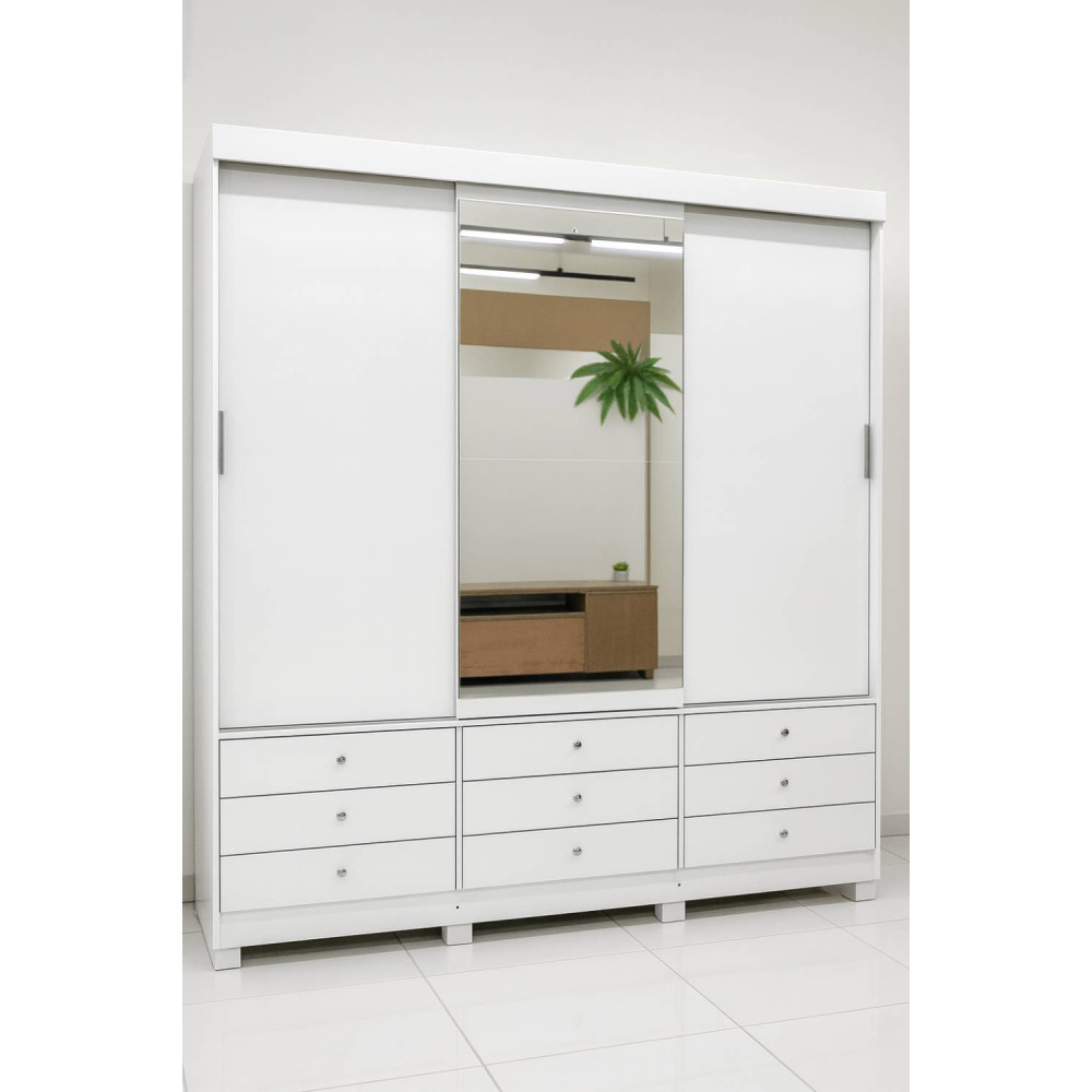 Guarda Roupa Texas c/ 3 Portas de Correr e 9 Gavetas - Branco
