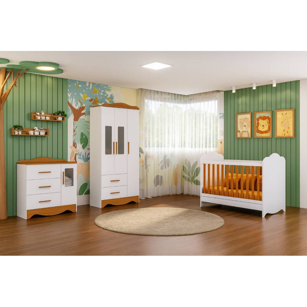 Kit - Berço Mini Cama Clara - Móveis Peroba - Branco Brilho / Amêndoa + Cômoda Clara c/ 1 Porta e 3 Gavetas - Móveis Peroba - Branco Brilho / Amêndoa + Guarda Roupa Infantil Clara c/ 3 Portas e 2 Gavetas - Móveis Peroba - Branco Brilho / Amêndoa